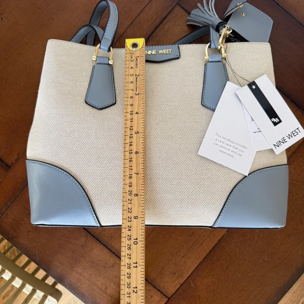 Nine West Canvas Tote Bag Light Blue Trim Triple Compartment Shoulder Bag NWT